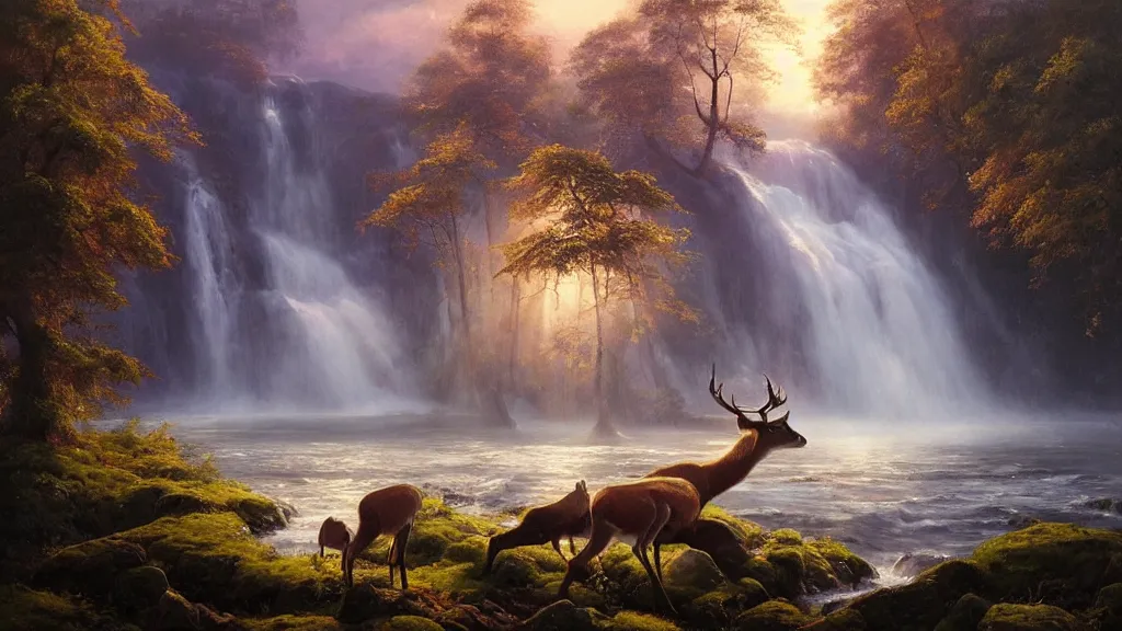 Image similar to the most beautiful panoramic landscape, oil painting, where a giant dreamy waterfall creates a river, the trees around are starting to bloom in purple colors, a majestic deer is in close - up and it is exhaling steam, the ray lights of the sunrise are brightening him, by greg rutkowski