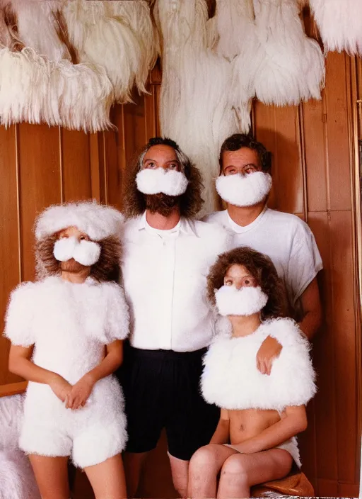 Image similar to realistic photo of the family wearing fluffy hairy masks, white fluffy cotton shorts, polished and fancy, standing in the wooden room full of wooden furniture 1 9 9 0, life magazine reportage photo