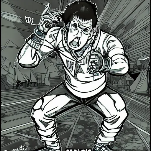 Image similar to Digital color ink drawing of Joe Rogan from JoJo's Bizzare Adventure, highly detailed, sharp focus, screentone shading, 1990 manga panel, trending on ArtStation, manga cover art drawn by Hirohiko Araki,