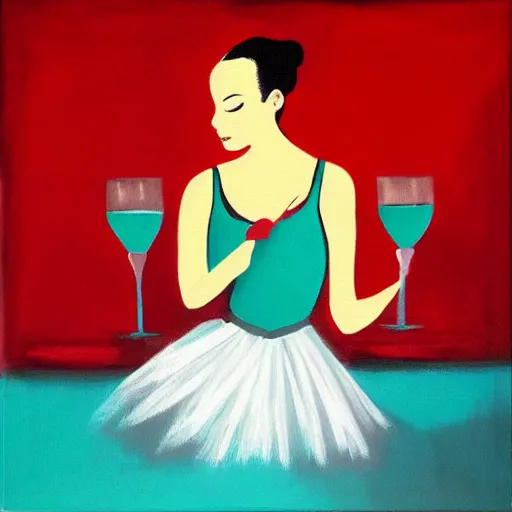 Image similar to square painting of a ballerina drinking wine in a teal room all on a red background