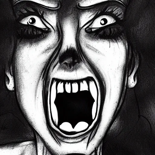 Image similar to a scary horror themed screaming woman, drawn with charcoal and pen and ink, half-tone-line-stacking