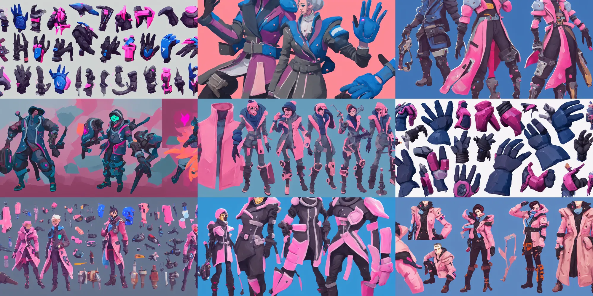 Prompt: game asset of gloves and jacket coat, in gouache detailed paintings, props, stylized, 2 d sprites, kitbash, arcane, overwatch, blue and pink color scheme, 8 k, close up