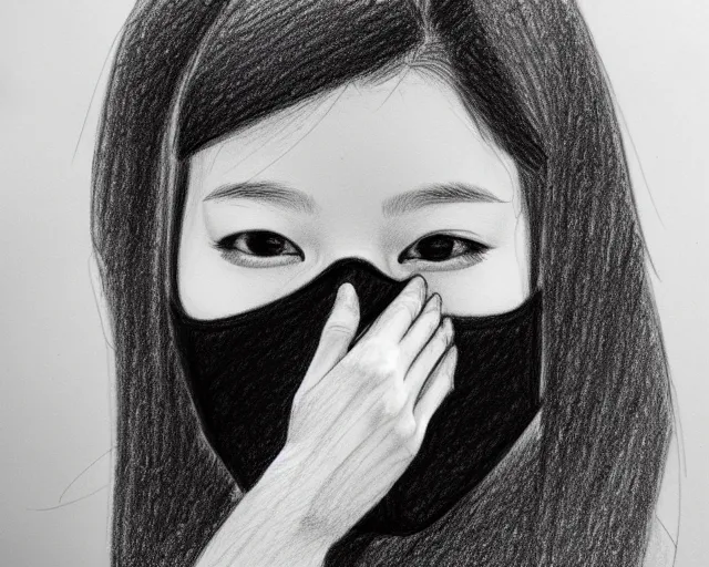 Prompt: draft drawing of a man covering her face with mask, a sketch by choro choi, thin stroke, trending on artstation, context art, pencil sketch, high detail