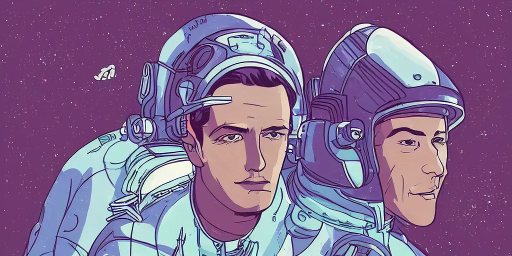 Prompt: a headshot head shot portrait of Alain Delon pilot in spacesuit on field forrest spaceship station landing laying lake artillery outer worlds shadows in FANTASTIC PLANET La planète sauvage animation by René Laloux