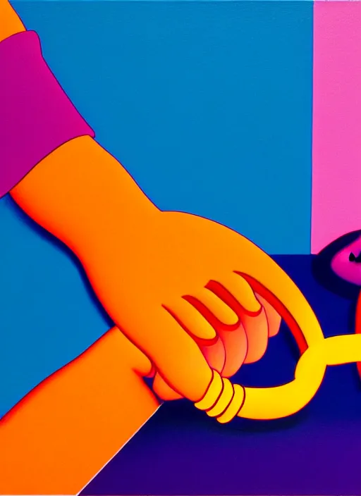 Image similar to handcuffs by shusei nagaoka, kaws, david rudnick, airbrush on canvas, pastell colours, cell shaded, 8 k