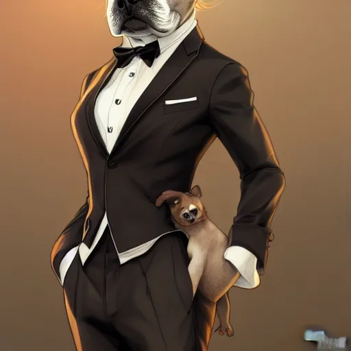 Prompt: an anthropomorphic dog wearing a tuxedo suit,Character design by charlie bowater, ross tran, artgerm, and makoto shinkai, detailed, inked, western comic book art, 2021 award winning painting,photorealistic,detailed face,professional lighting,studio photograph,hyperdetailed,deviantart,artstation