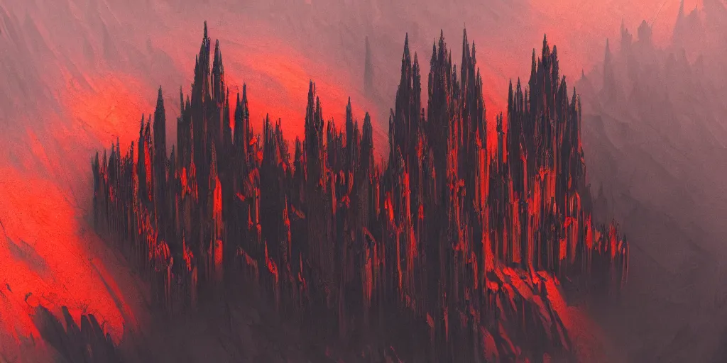 Image similar to dark gothic cathedral, gothic architecture, at the top of a red rock canyon, artstation concept art, beautiful matte painting, aerial view, red and orange and black color palette, chiaroscuro lighting