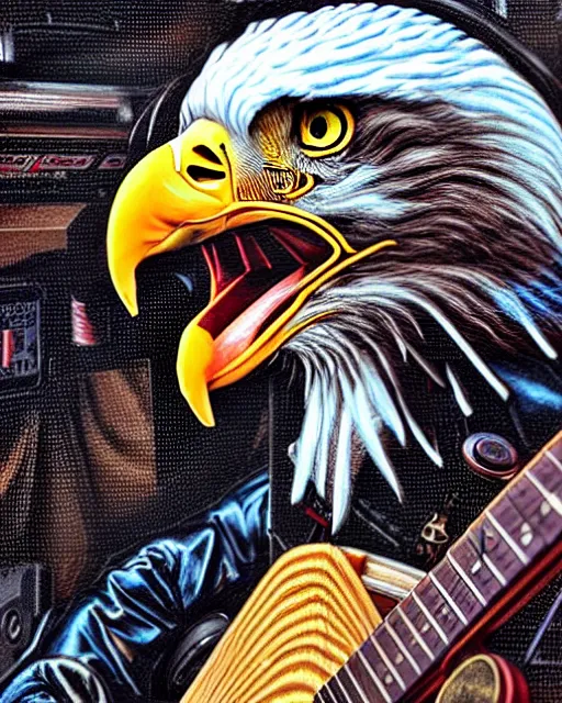 Image similar to a portrait of an anthropomorphic cyberpunk bald eagle screeching while strumming an acoustic guitar by sandra chevrier, by jon foster, detailed render, tape deck, epic composition, cybernetics, 4 k realistic, cryengine, realistic shaded lighting, sharp focus, masterpiece, by enki bilal