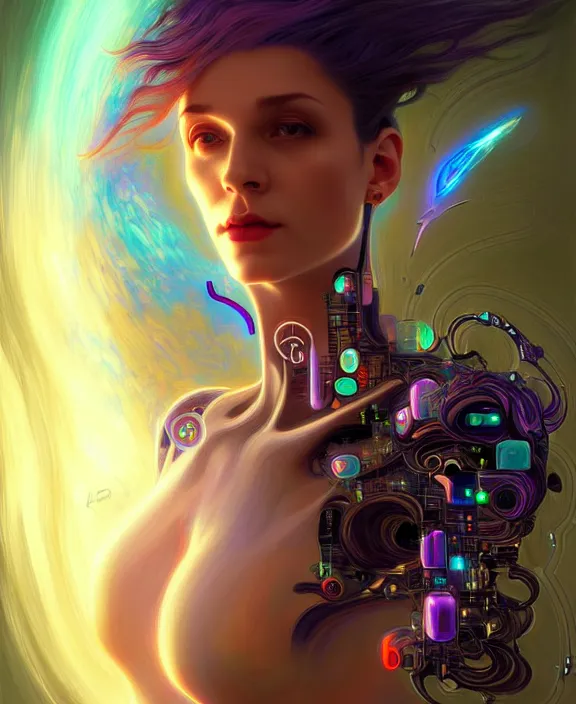 Image similar to a whirlwind of souls rushing inside the metaverse, hologram, half body, neurochip, shaved temple, piercing, jewelry, android, cyborg, cyberpunk face, by loish, d & d, fantasy, intricate, elegant, highly detailed, colorful, digital painting, artstation, concept art, art by artgerm and greg rutkowski and alphonse mucha