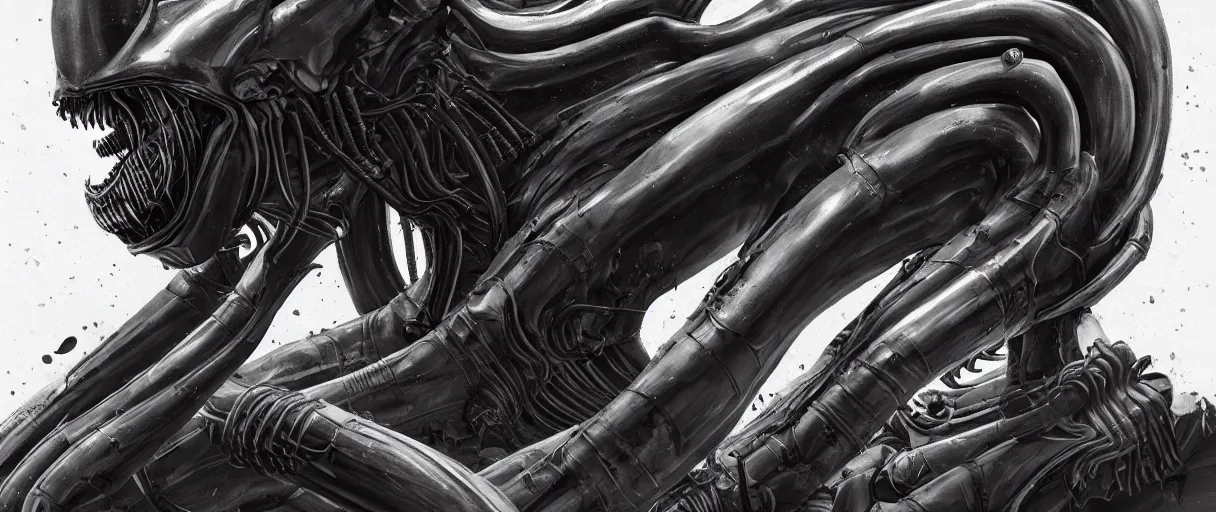 Image similar to duotone noir concept illustration portrait shiny black xenomorph alien by hr giger. cosmic horror atmosphere. cinematic volumentric lighting. by cd projekt red, sachin teng and sergey kolesov and ruan jia and heng z. graffiti art, scifi, fantasy, hyper detailed. octane render. trending on artstation