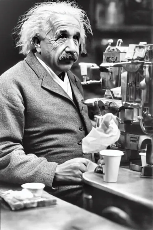 Image similar to intricate color photo of albert einstein, working in starbucks serving a customer, 8 k octane beautifully detailed render