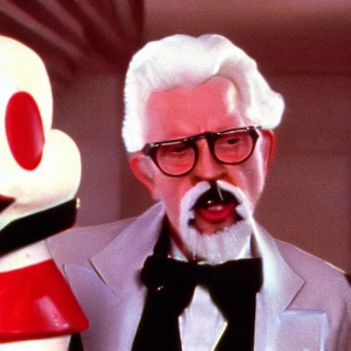 Image similar to A movie still of Colonel Sanders as a 1980s supervillian