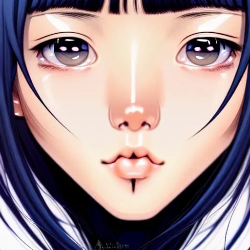 Image similar to depicting an extreme close up face of a dainty young truant female stoner prep highschool school student with medium length silky straight iridescent black hair and lightly suntanned skin, illustrated by Artgerm and Range Murata.