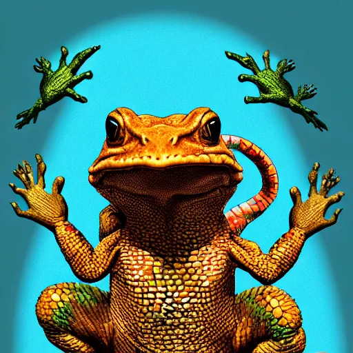 Image similar to three animals, toad with wings front view, Across holding a hand, rainbow reptile front view, Across holding a hand, golden lizard front view, trio, artstation, concept art, master illustration, details, good clear quality, fun - w 704