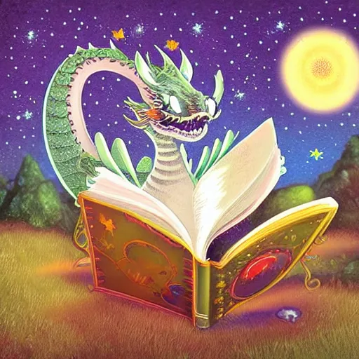 Image similar to cute dragon reading book with starry background, detailed, digital art