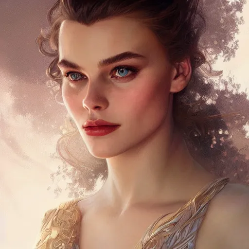 Image similar to portrait of margo Robbie, fantasy, intricate, elegant, highly detailed, digital painting, artstation, concept art, smooth, sharp focus, illustration, art by artgerm and greg rutkowski and alphonse mucha