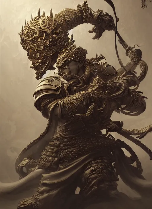 Prompt: subsurface scattering, white, koi, samurai deity with filigree armor, by jesper ejsing, james jean, justin gerard, tomasz alen kopera, cgsociety and fenghua zhong, highly detailed, rim light, cinematic lighting, illustration, art, octane render, very coherent, cinematic, hyper realism, high detail, 8 k