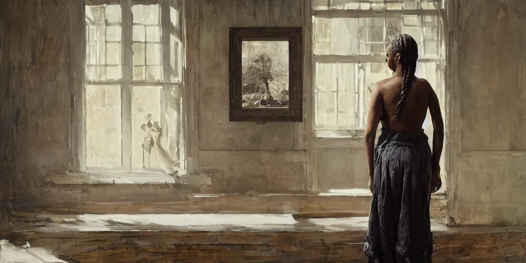 Prompt: a portrait of a beautiful!!! woman with braids by Andrew Wyeth, Ben Enwonwu, Tim Okamura, and Norman Rockwell, she is standing in a a large room with many windows and columns, a detailed matte painting by Noah Bradley, cgsociety, fantasy art, matte painting, concept art, solarpunk, optimistic future