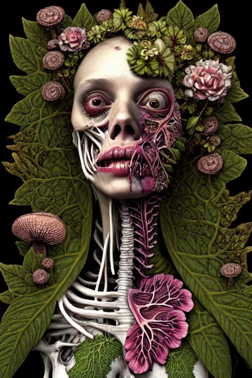 Image similar to very sad and detailed rotten woman corpse with fractal plants and fractal flowers and mushrooms growing around, face muscles, veins, arteries, bones, anatomical, skull, eye, ears, intricate, ornate, surreal, ray caesar, john constable, guy denning, dan hillier