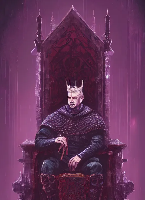 Image similar to a portrait of an old medieval king on the throne, cyberpunk, dark purple color scheme, grim - lighting, high - contrast, intricate, elegant, highly detailed, digital painting, artstation, concept art, smooth, sharp focus, illustration