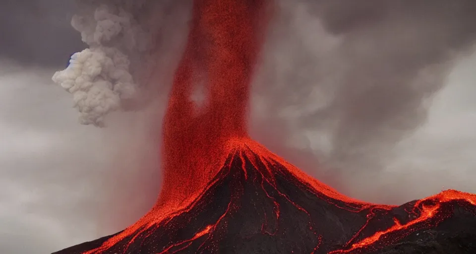 Image similar to a volcano made of ivory vines and crimson rocks enters in eruption, it spits a smoke in the shape of demonic eye, by Wes Anderson,