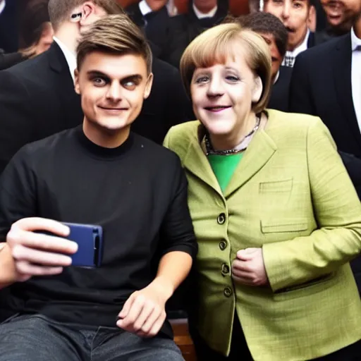 Image similar to martin garrix taking a selfie with angela merkel