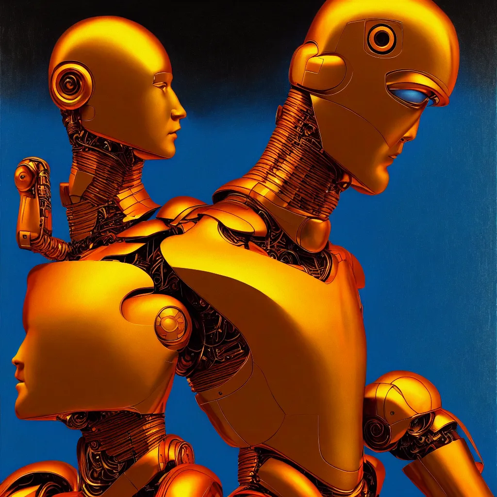 Image similar to cinematic bust portrait of psychedelic god robot from left, head and chest only, robotic improvements, part of Moebius, part of maxfield parrish, part of Thomas Ehretsmann,, oil on canvas, masterpiece, trending on artstation, cinematic composition, dramatic pose, beautiful lighting, sharp, details, hyper-detailed, volumetric lighting 4K