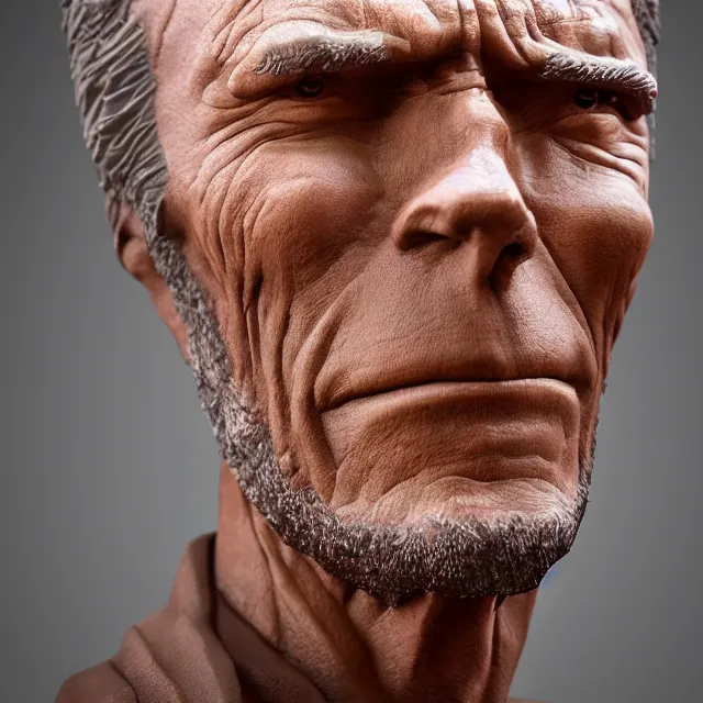 Prompt: photography of a sculpture of Clint Eastwood made of clay by Sebastian Kruger and Michelangelo, 50mm, studio atmosphere, 8K, rim light, octane render, ultra-realistic
