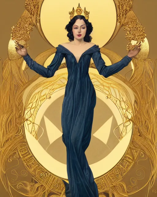 Image similar to a beautiful goldish woman, pinup pose, long hair, tall and thin, wearing dozens of pendants and a gown of gold, small delicate crown of the sea on her head, illustration, symmetry accurate features, volumetric light clouds, ultra realist soft painting, (art nouveau), octane render, 8k, HD, by Tom Bagshaw, Brom, Charlie Bowater, faces by otto schmidt