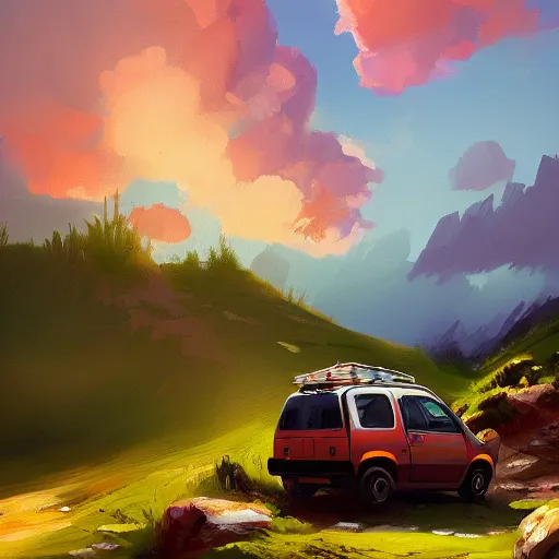 Image similar to fiat panda riding in mountains, dramatic light, impressionist painting, clouds, digital painting, artstation, simon stalenhag