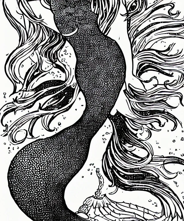 Prompt: black and white illustration, mermaid