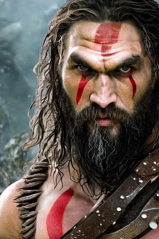 Image similar to film still from god of war, a highly detailed beautiful closeup photo of jason momoa!!!! kratos with long! windblown! wet hair! holding a sword and fighting zombies on a pile of human skulls, spartan warrior, olympian god, muscular!!!, masculine confident pose, ambient lighting, volumetric lighting, octane, fantasy