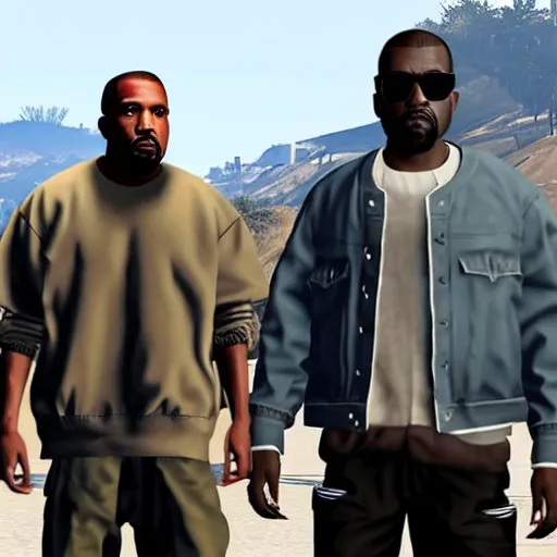 Image similar to kanye west in gta v, he is standing on a podest