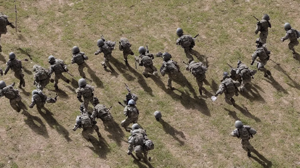 Prompt: An Overhead-angle of A small group of soldiers running towards the battlefield. .