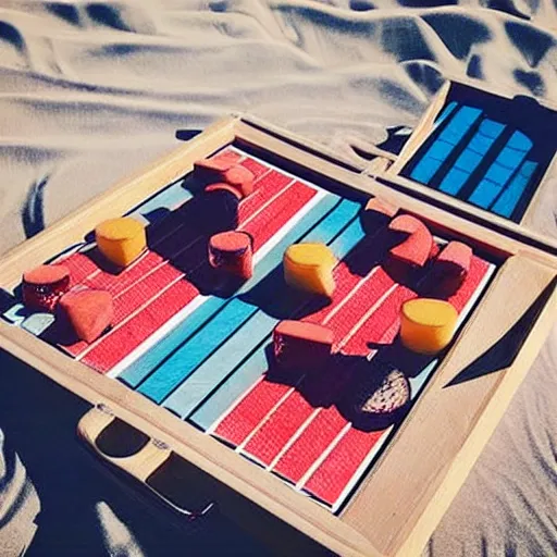 Prompt: “blanket on the beach with both a wooden backgammon board and a plate of sliced watermelon on top of the blanket, nostalgic, film, polaroid, blurry”