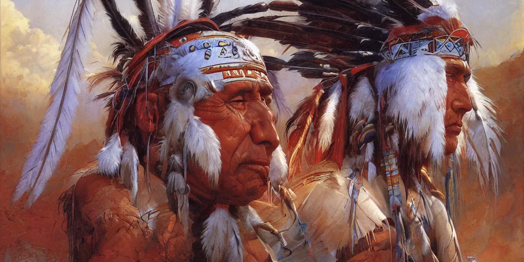 Prompt: of Native American Chief by Peter Andrew Jones and Peter Gric