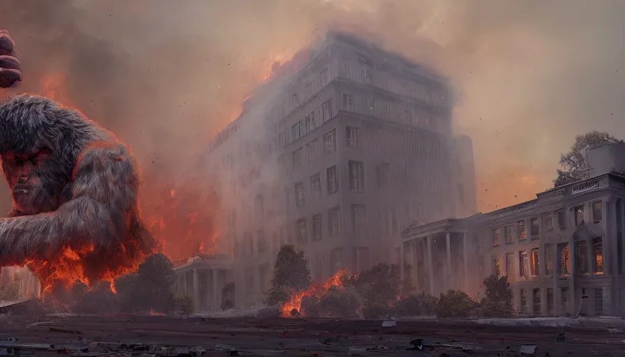 Image similar to giant bigfoot destroying washington dc, debris and fire, collapses building, burning white house, ashes, smoke columns, apocalypse, hyperdetailed, artstation, cgsociety, 8 k