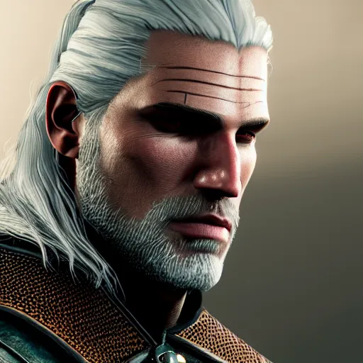Prompt: portrait of geralt of rivia from the witcher, unreal engine, octane render, studio lighting, intricate details, realistic