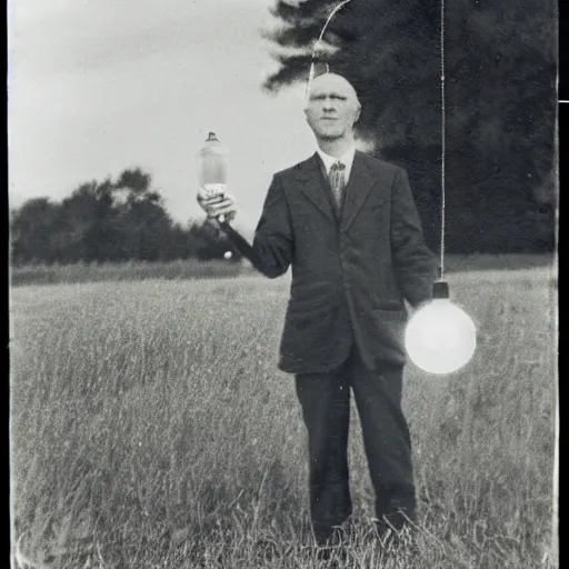 Prompt: An old photograph of a man with a lightbulb for a head standing in a field.