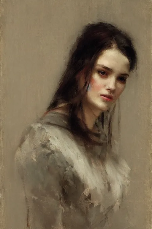 Prompt: Richard Schmid and Jeremy Lipking victorian genre painting full length portrait painting of a young beautiful woman