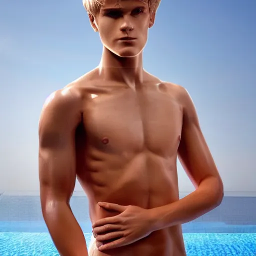 Image similar to a realistic detailed photo of a guy who is an attractive humanoid who is half robot and half humanoid, who is a male android, soccer player martin ødegaard, shiny skin, posing like a statue, blank stare, by the pool, on display, showing off his muscles