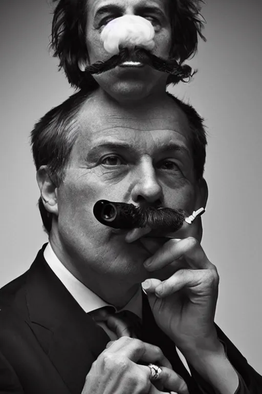 Image similar to mario testino photography, a male portrait, black hair, moustache, smoking a pipe