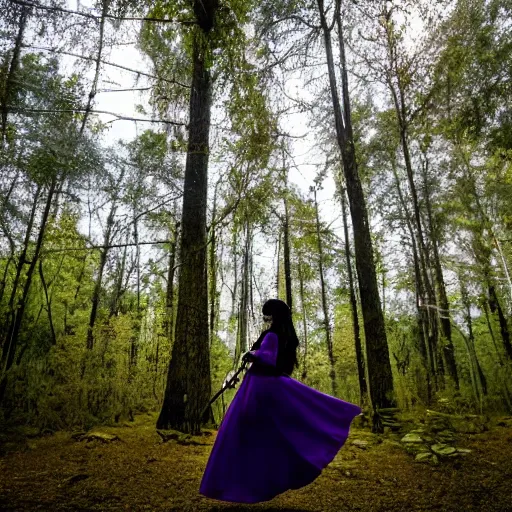 Prompt: girl with a long skirt swinging a big katana in the forest with wind blowing the trees, purple aura, scary atmosphere