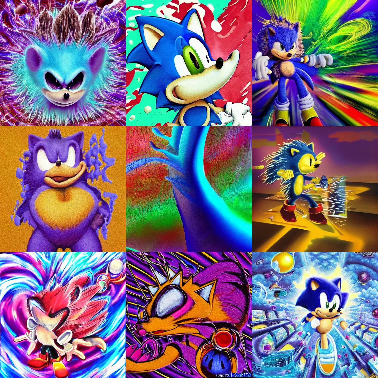 Prompt: surreal, soft, hyperrealistic sonic hedgehog portrait professional, high quality liver organ airbrush art progressive rock album cover of a liquid dissolving airbrush art lsd dmt sonic the hedgehog dashing through cyberspace, purple checkerboard background, 1 9 8 0 s 1 9 8 2 sega genesisr