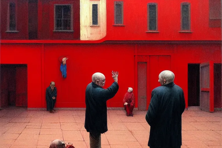 Image similar to only with red, a red old man try to sell a portrait, cheering crowd, in a old city square, in the style of beksinski, parts by edward hopper, parts by rodcenko, parts by yue minjun, intricate and epic composition, red by caravaggio, insanely quality, highly detailed, masterpiece, red light, artstation, 4 k