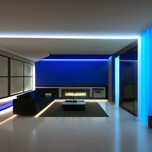 Prompt: futuristic looking living room, dark with blue neon lights, contrasted, dark floor, octane render