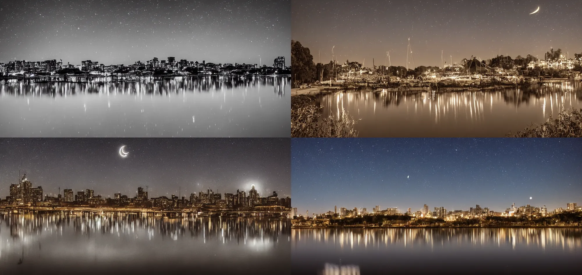 Prompt: circus skyline at night stars and moon in sky water reflection-long exposure