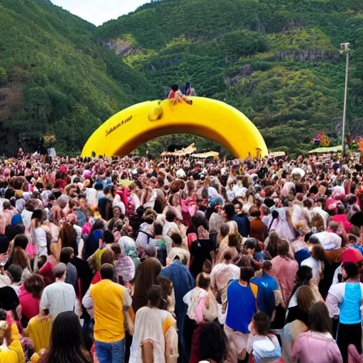 Image similar to a crowd of people worshipping a giant banana