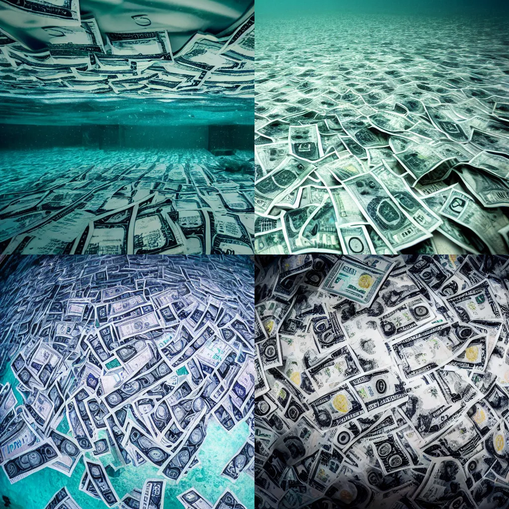 Prompt: an underwater photograph of a pool with hundred dollar bills sinking to the bottom