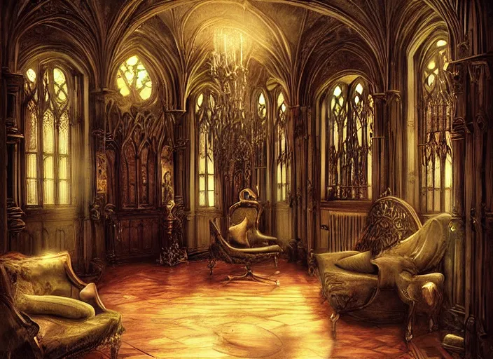 Image similar to a room inside a gothic mansion, ornate, elegant, artwork, paint, sharp, digital art, realism, by aleksi briclot